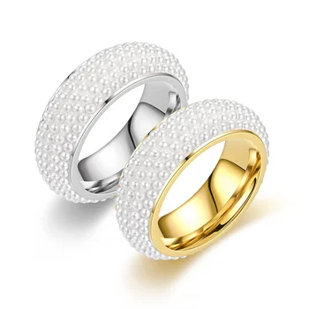 Women's Men's Ring 8mm Vintage Gold Silver Color Full Simulated Pearl Wedding Rings For Man Woman Elegant Jewelry High Quality 1