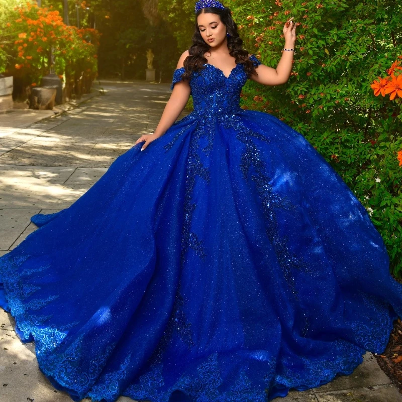 

Blue Shiny Sweetheart Off The Shoulder Evening Dress 2024 Ball Gown Sleeveless Lace Beads Sweep Train Quinceanera Dresses