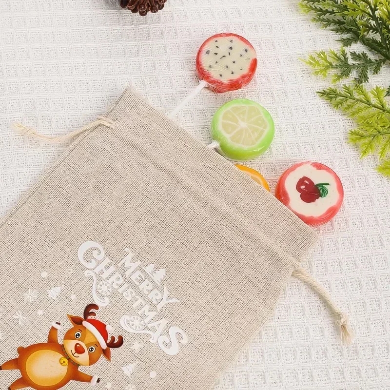 Christmas Linen Drawstring Bags Candy Biscuits Pouchs Burlap Bracelet Jewelry Storage Bag Xmas Kids Gifts Packaging Bags 36-1PC