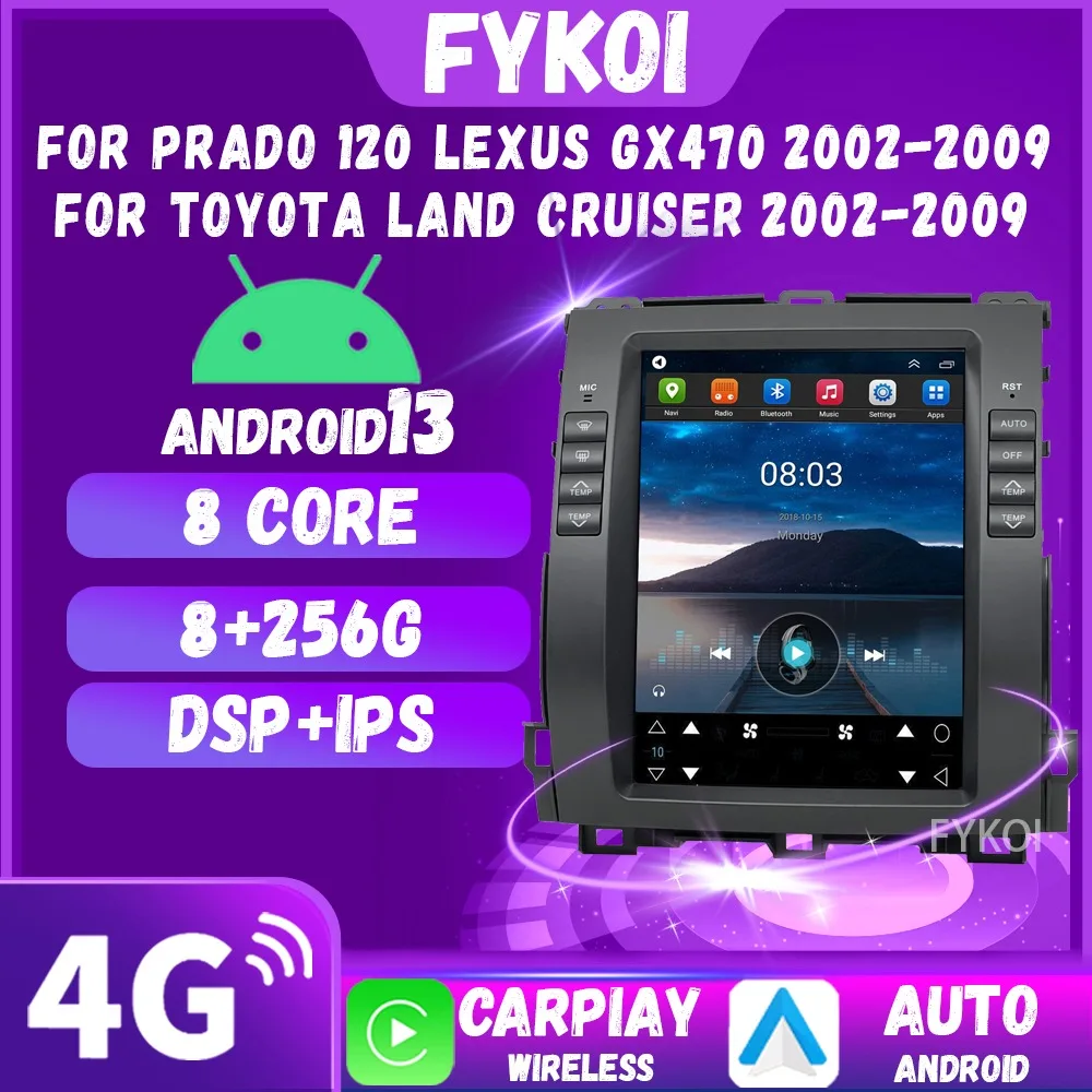 

Car Radio For Prado 120 Lexus Gx470 For Toyota Land Cruiser 2002-2009 Car Play Android Auto Tesla Style Bluetooth 4G WIFI GPS