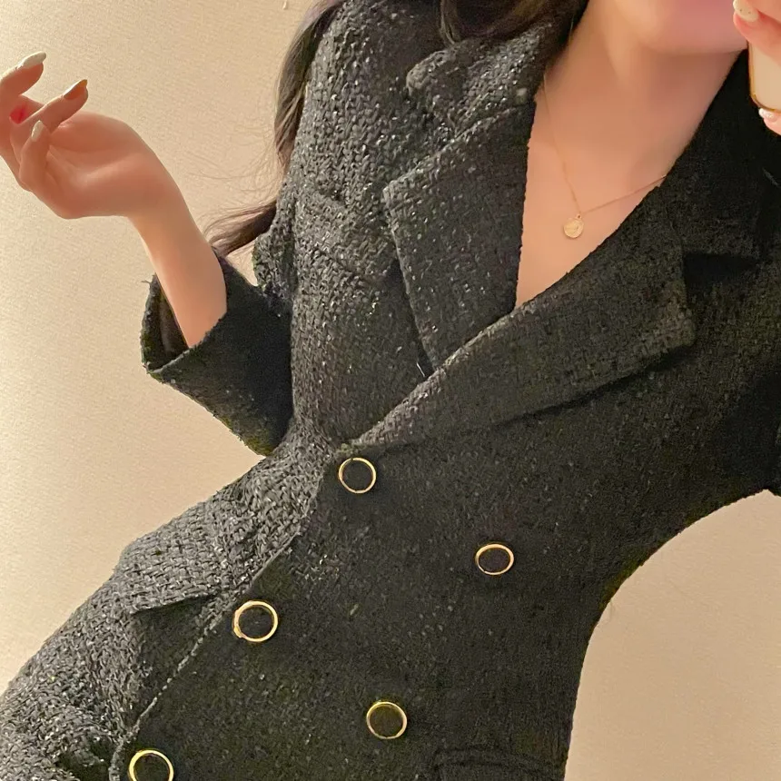 Autumn Winter Elegant Tweed Blazer Dress Double Breasted Slim Short Dresses for Women Korean Fashion Office Lady Coat Dress New