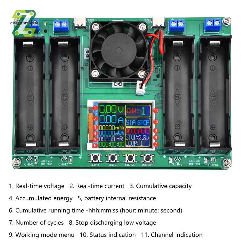 

4-channel 18650 Lithium Battery Capacity Tester Module MAh MWh Digital Battery Power Detector Module 18650 Battery Tester Type-C