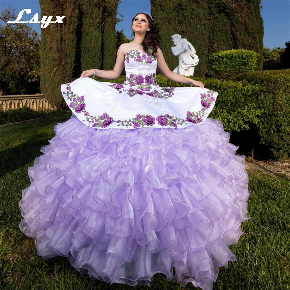 

LSYX White and Purple Quinceanera Dress 2023 Sweet Off The Shoulder Ball Gown Sleeveless Floral Appliques Vestido De 15 Anos