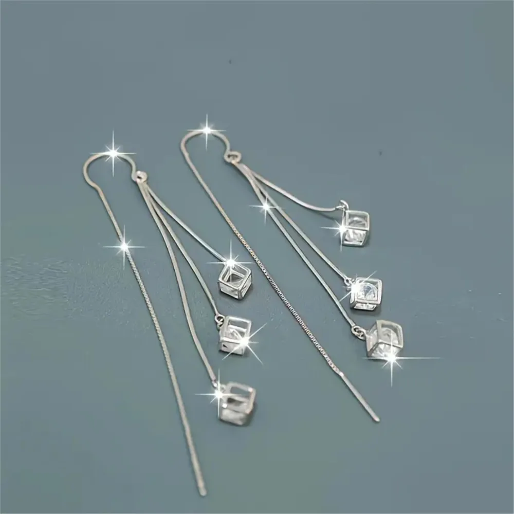 Silver Color Long Tassel Square Rhinestone Earring for Women Classic Style Durable Earrings Wedding Jewelry Gifts