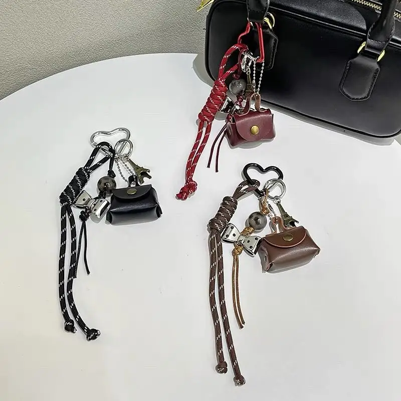 PU Leather Rope Keychain Bow Cute Heart Bag Pendant 3D Creative Cartoon Keyring Anti-Lost Mobile Phone Lanyard Decoration