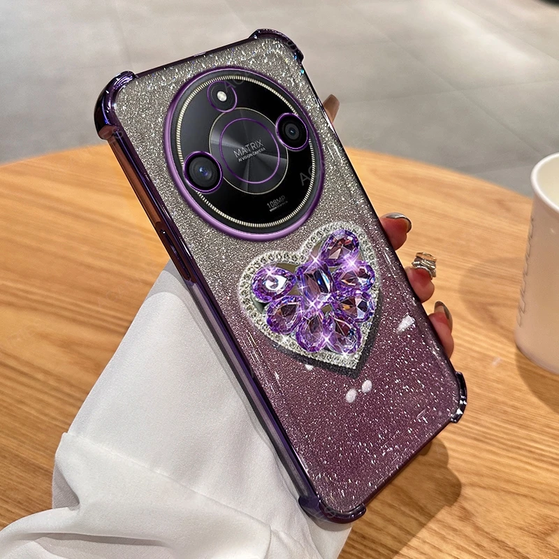 Diamond Heart Stand Four-Corner Anti-Shock Plating Phone Case