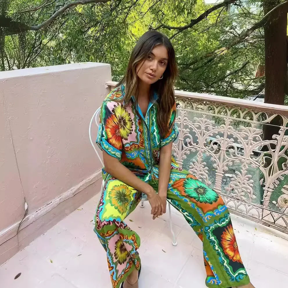 New Two Piece Casual Set Womens Summer Print Shirt with Wide Leg Pants for Beach Holiday