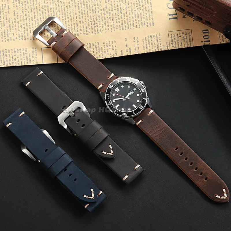 Vintage Crazy Horse Cowhide Leather Watch Band - Sport Replacement Bracelet