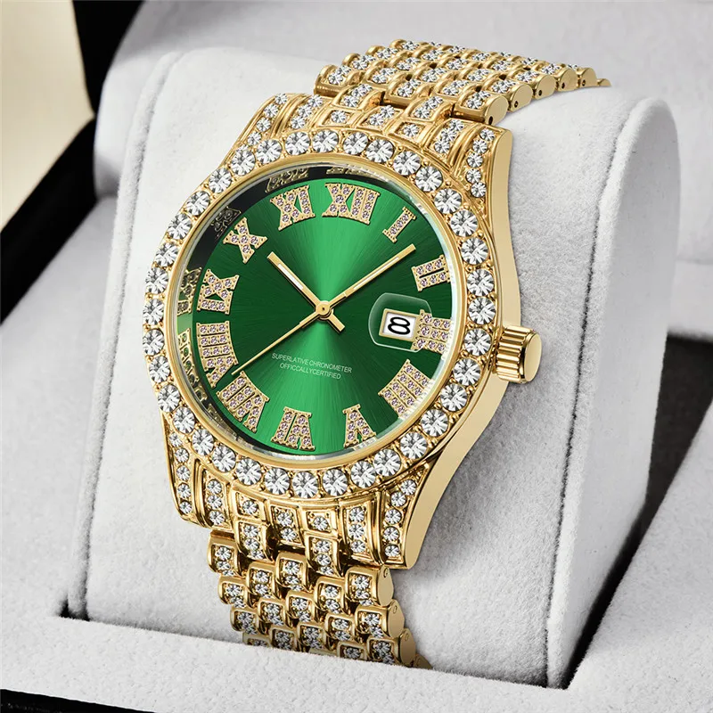 Montres de Marque de Luxe Men Hip Hop Diamond Fashion Alloy Band Golden Date Vintage Quartz Watches Luxury Watch sss Supply 2024