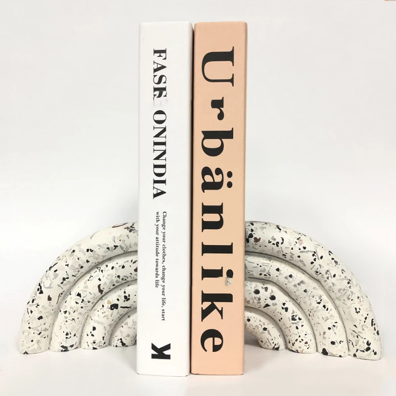 

Nordic Home Decor Accessories Geometry Decorative Terrazzo Book Ends Marble Rainbow Shaped White Bookends for Study Room
