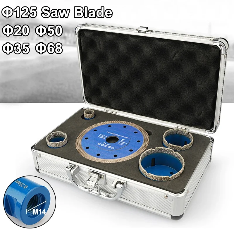

20/35/50/68mm Braze Diamond Hole Opener Set with 125mm Cutting Dics Marble Tile Rock Slab Ceramic Granite Quartz Stone Drill Bit