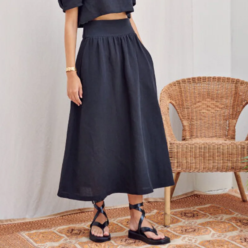 

Linen Frenchy A-line Elastic Waist Pleated Skirt 2024 Spring/Summer Resort Casual Skirt Women Clothing
