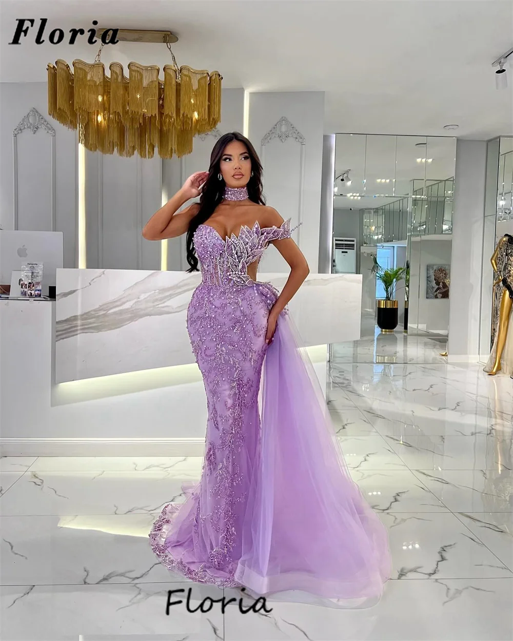 

New Elegant Lilac Mermaid Celebrity Dresses With Slit Train Formal Beading Off Shoulder Evening Dresses Dubai Wedding Party Gown