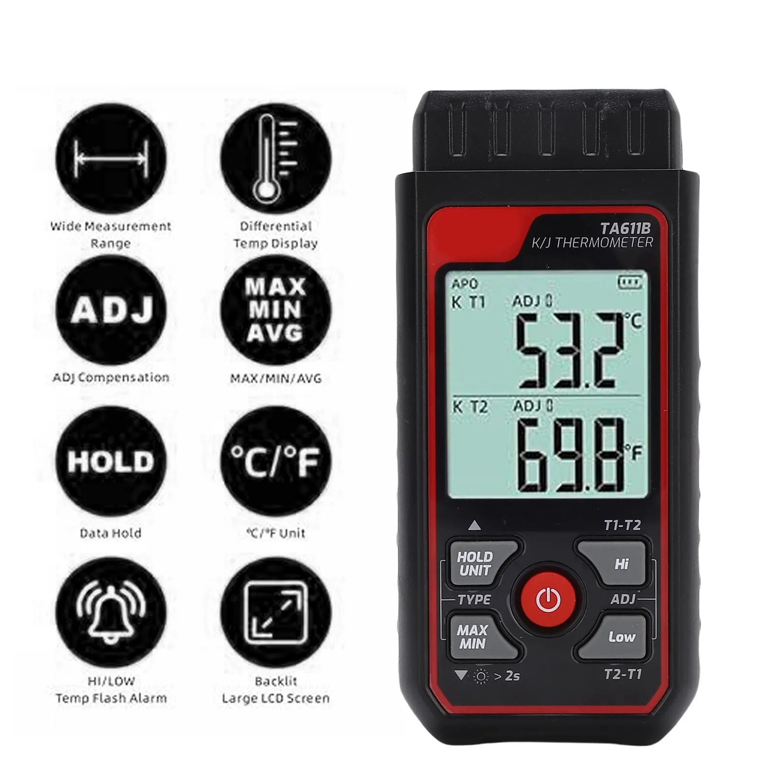 Thermocouple Thermometer K J Type Dual Channel Digital Temperature Meter Backlit LCD Screen Thermocouple Temperature Meter
