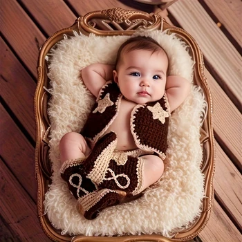 Set di lana per neonato, adorabile abbigliamento fotografico da cowboy caffè per bambini, costume lavorato a maglia in filato di lana fatto a mano per ragazzi da 0 a 1 mese