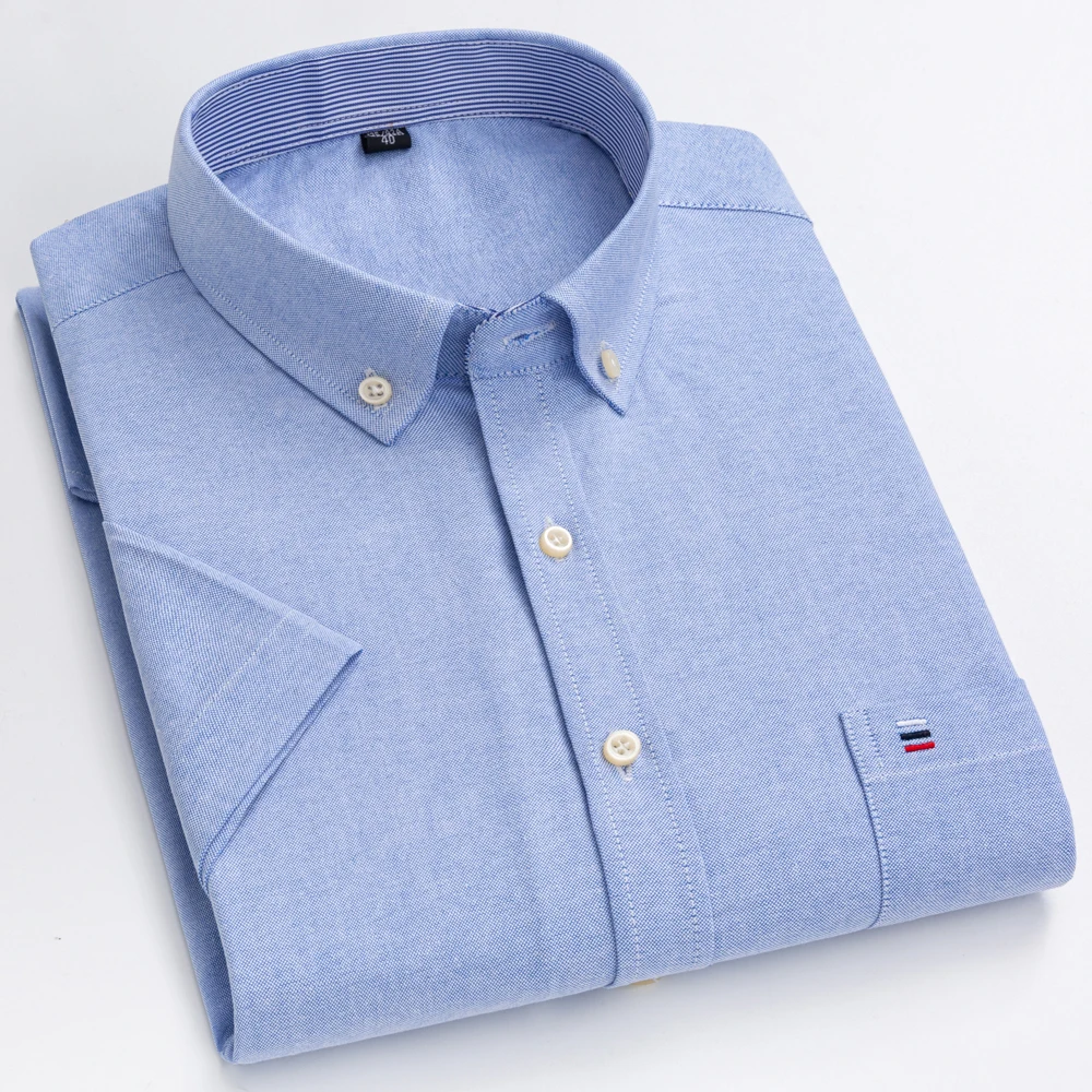 Casual Short Sleeved Shirt Men's Oxford Summer Single Pocket Button-down Plaid Striped Cotton Shirt