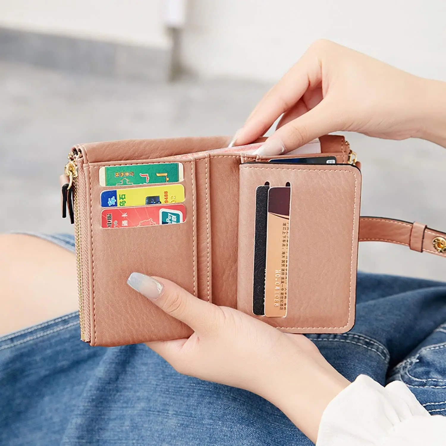 Multi functional women's small soft PU leather wallet, solid color compact card bag with double zipper pockets