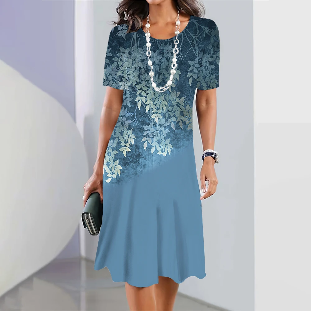 

Fashion Flowers Women Sexy Dresses 2023 Summer Plus Size Casual Beach Skirt Short Sleeve O-Neck Female Loose Long Knee Pullover