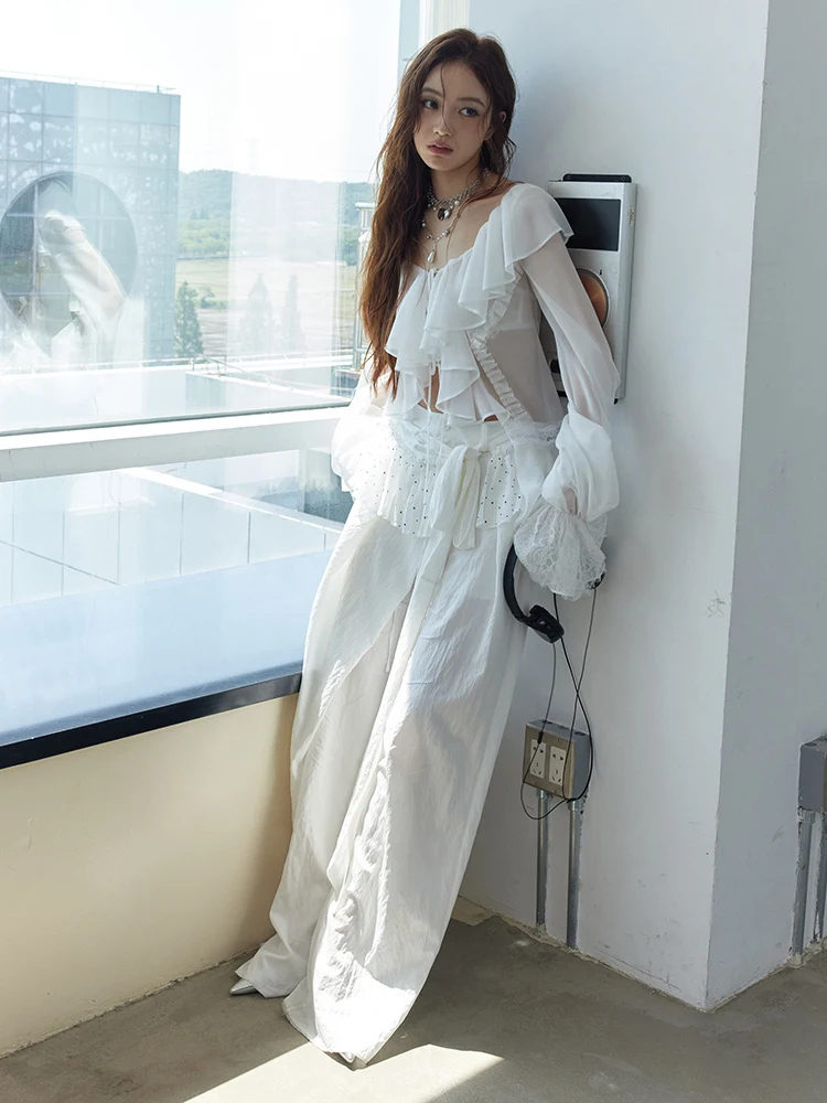[EAM] High Elastic Waist Gray Ruffles Irregular Bandage Wide Leg Pants New Trousers Women Fashion Tide Spring Autumn 2026 1DJ281