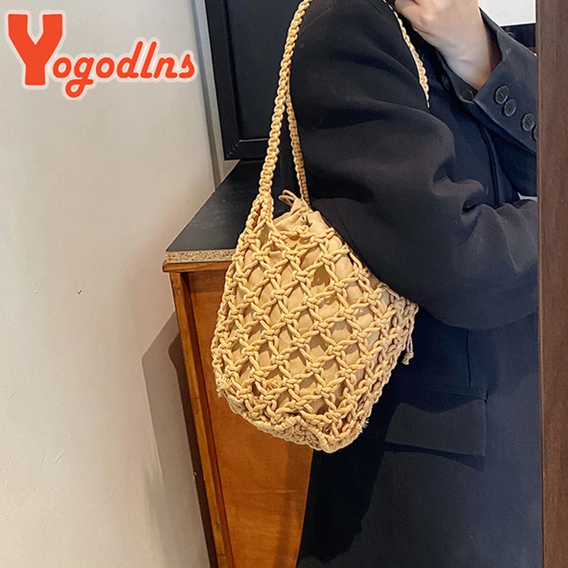 Drawstring Women's Straw Bucket Bag Summer Woven Shoulder Bags Purse Beach Handbag Straw Handbags Casual Crossbody Bag