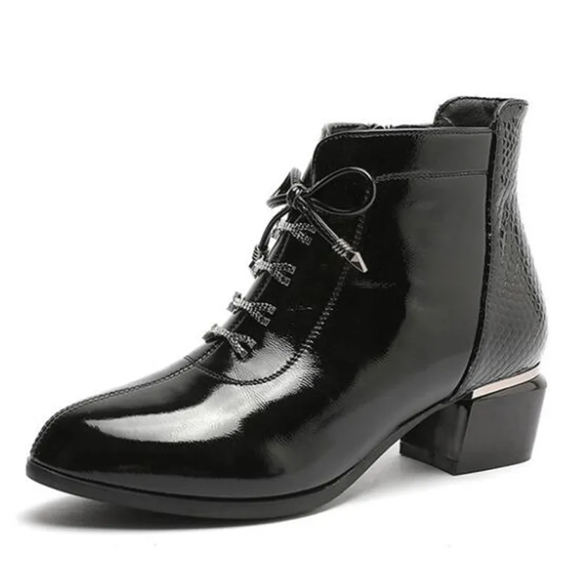 

2022 Top Leather Patent Leather Pointed Winter Warm Shoes Women's Thick Heel Large Autumn Boots