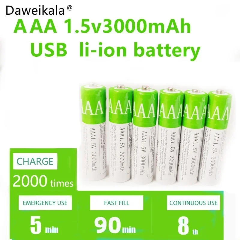 USB AAA Rechargeable Batteries 1.5V 3000 mAh li-ion battery for remote control mouse Electric toy battery + Type-C Cable rechargeable battery