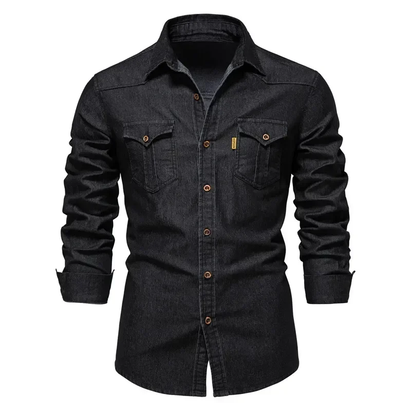 High Quality Elastic Cotton Denim Shirt Men Long Sleeve Solid Color Pocket Shirts for Men Casual Slim Fit Mens Designer Clothing high quality men s belt 125cm 3 4cm metal needle buckle leather belt new soft leather business luxury designer denim waist cover