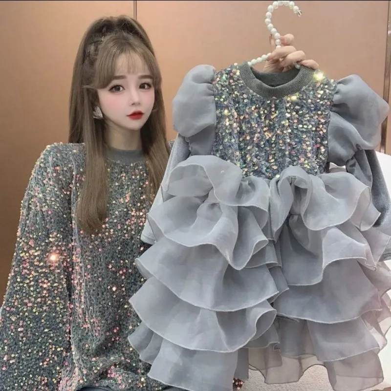 

Little girl's dress bubble sleeve mesh skirt cake skirt fluffy skirt spring and autumn princess