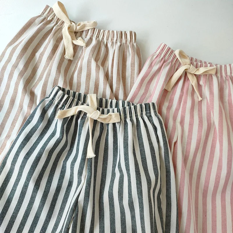 Linen Cotton Stripe Pants for Boys Girls Summer Autumn