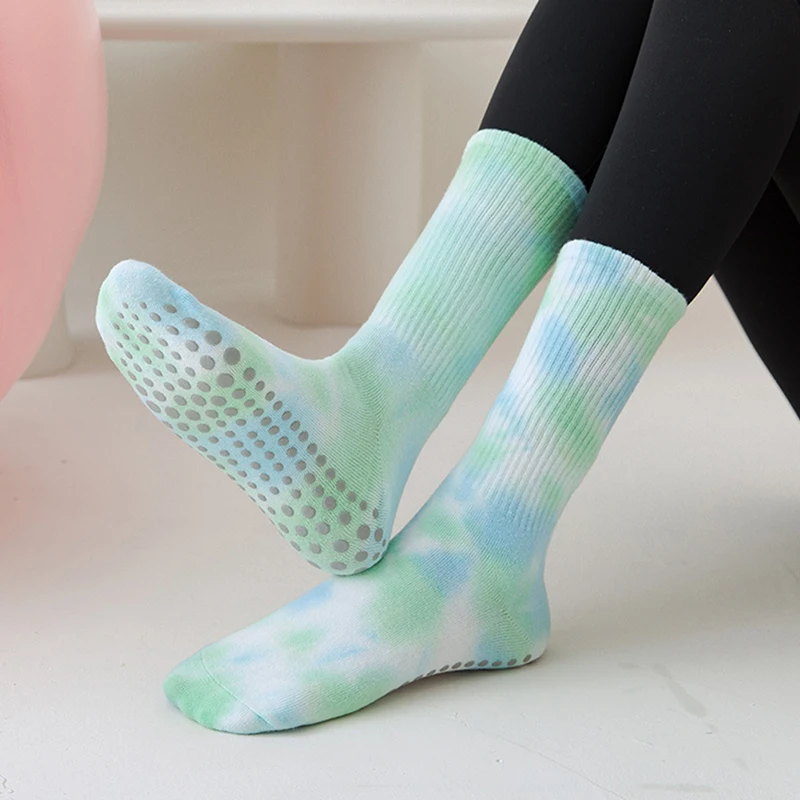 

1pair Women Yoga Socks Tie Dye Grip Socks Female Professional Women Mid Length Anti Slip Pilates Floor Sport Socks