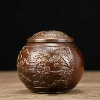 

Pure copper boutique Su Gong carved mountain and water pattern sealed jar number tea sealed jar