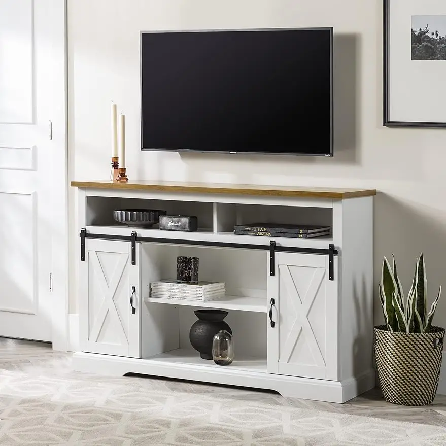 

Walker Edison Clayton Farmhouse Sliding Double Barn Door TV Stand for TVs up to 58 Inches, 52 Inch, Solid White