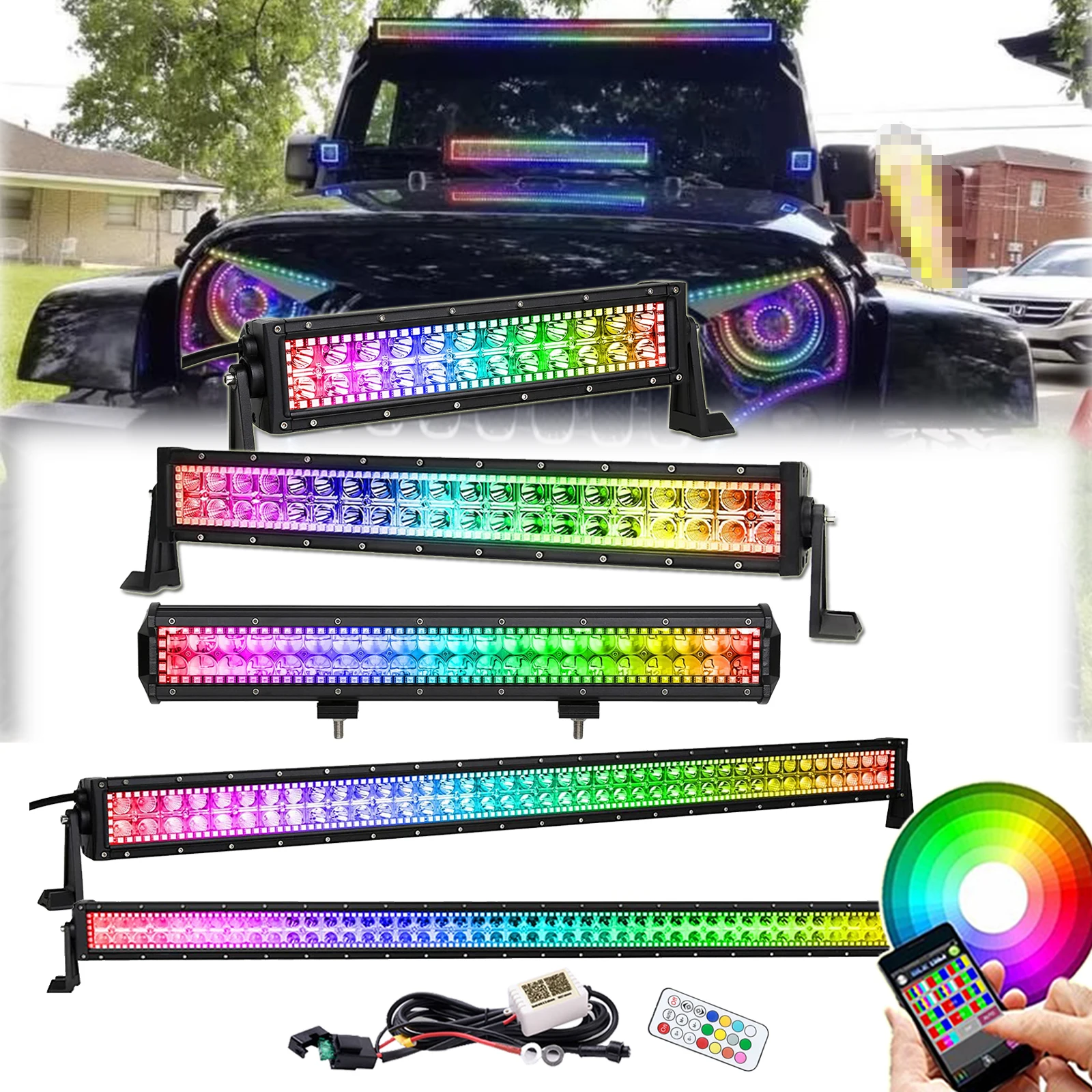 

Led Light Bar with RGB Chasing Halo Kit Bluetooth Control 16 Million Color Change 14 22 32 42 50 inch 300W Off-road Work Driving
