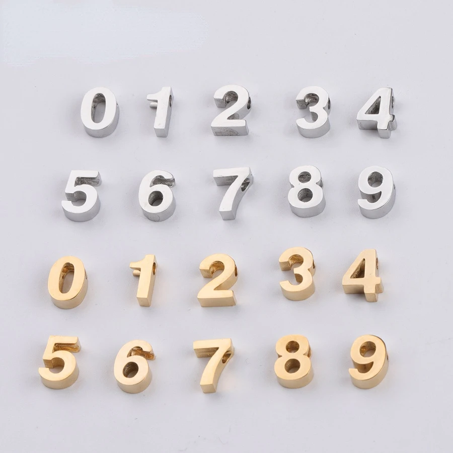 

10pcs 3D Number Charms, Number Hole Beads, Anniversary Beads Necklace, Gold Stainless Steel, Mirror Polished Number Pendant