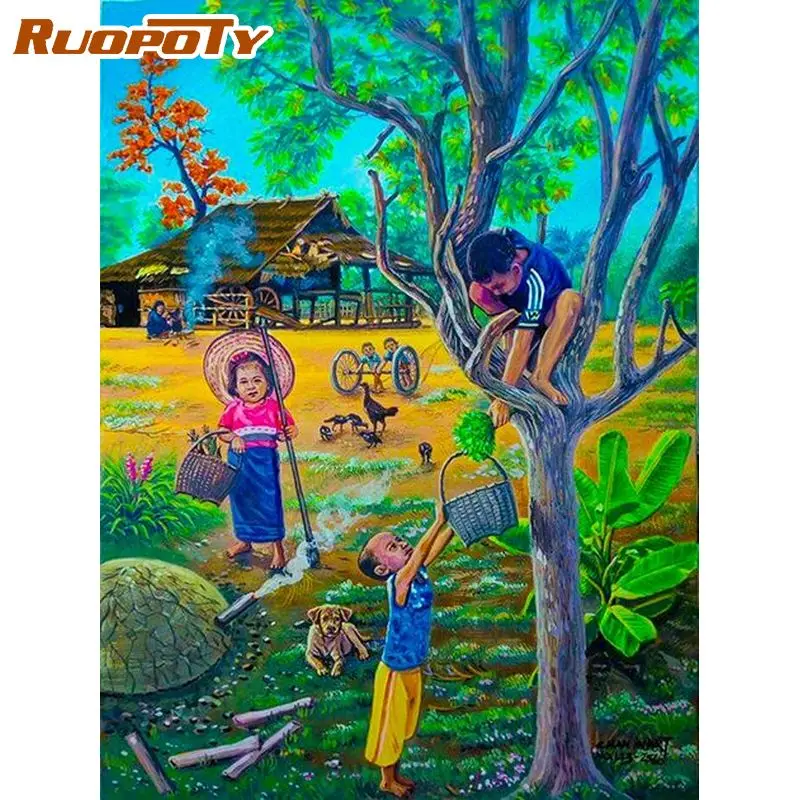 

RUOPOTY 40x50cm Painting By Number Frame Children In Yard Drawing By Numbers For Adult Scenery Handmade Wall Decor Picture Paint