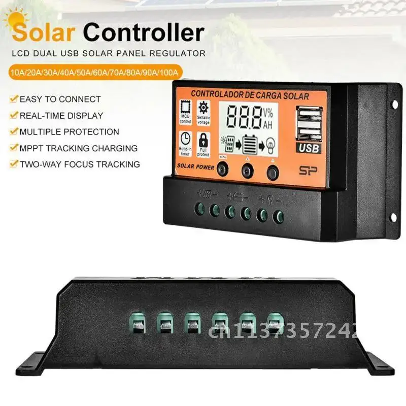 PWM 태양광 충전 컨트롤러, 태양광 전력 레귤레이터, 자동 듀얼 USB LCD 디스플레이 부하 방전기, 100A, 60A, 50A, 40A, 30A, 12V, 24V