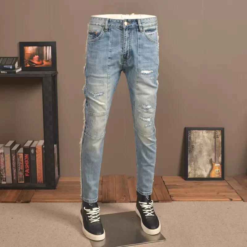 Fashion Streetwear Men Jeans Retro Blue Elastic Stretch Skinny Fit Ripped Jeans Men Spliced Designer Hip Hop Denim Pants Hombre