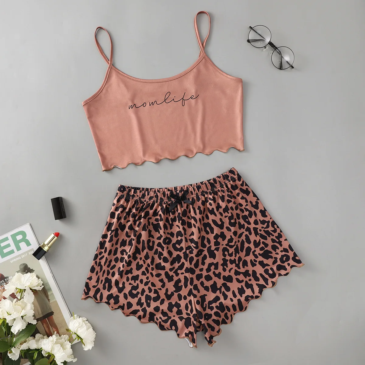 Women's 2pcs Cute Soft Comfy Leopard  Print Spaghetti Strap Shorts Sleepwear Sleeveless Sleepwear & Loungewear  Pajama Set
