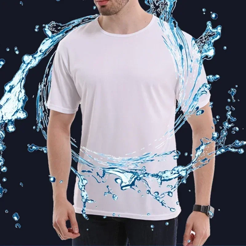 

NO.2A3224 Creative Hydrophobic Anti-Dirty Waterproof Solid Color Men T Shirt Soft Short Sleeve Quick Dry Top Breathable Wear