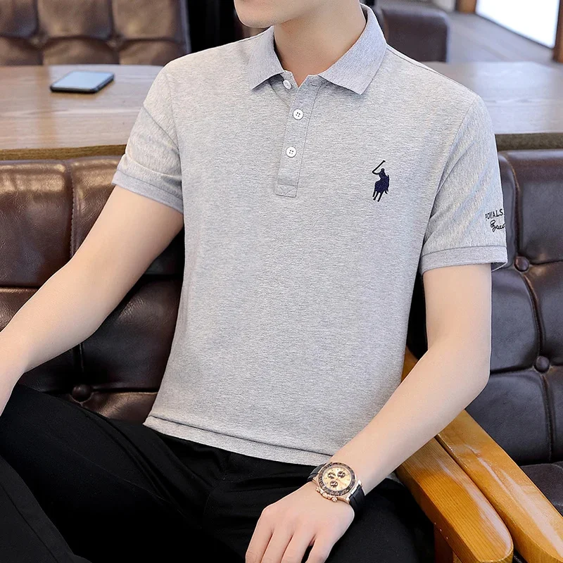 

Mens POLO Shirt Business Casual Solid Color Slim Summer Short-sleeved Men T-shirt Embroidery Loose Lapel Tops Male