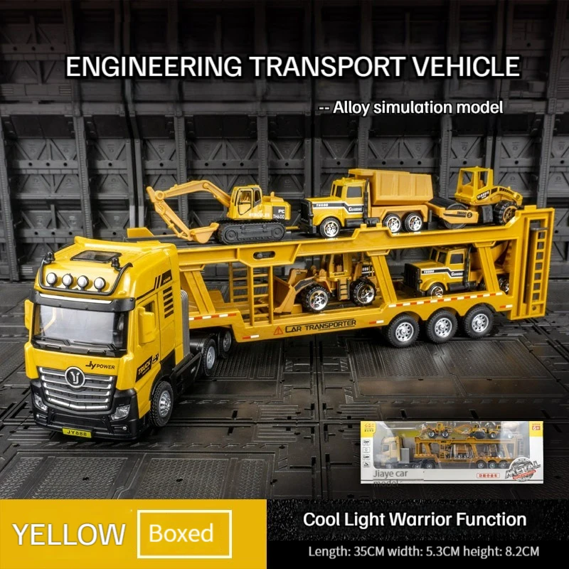 Car Model Alloy Engineering Transport Vehicle Simulation Double Decker Trailer Truck Contain Bulldozer,Dump Truck,Mixer,Roller