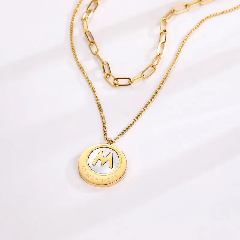 Double Layer Sweater Chain Stainless Steel Gold Plated Letter M Round Shell Pendant Necklace Winter Fashion Jewelry Gift Women
