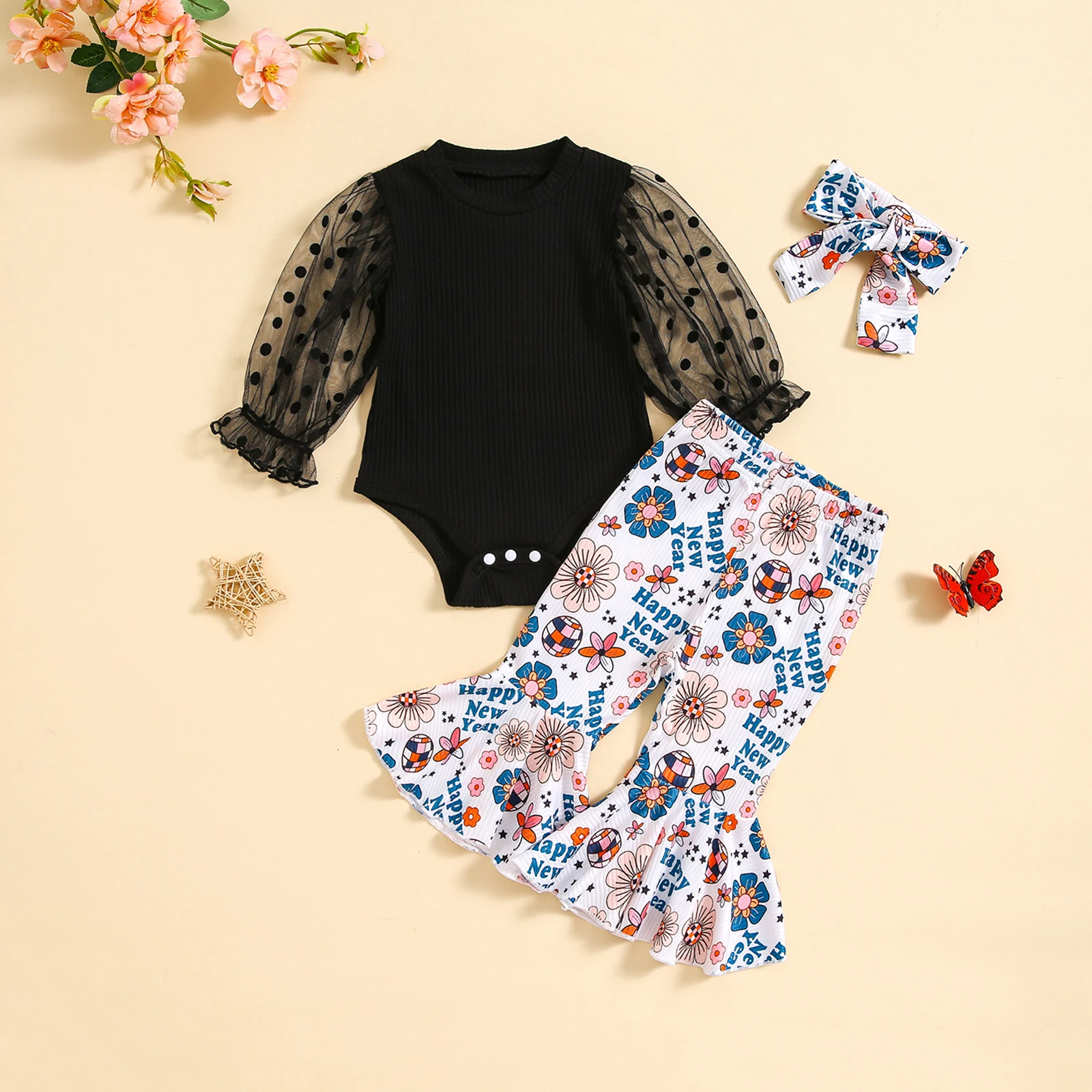 

Toddler Baby Girls Fashion Autumn Pants Sets Mesh Sleeve Ribbed Romper Letter Flower Print Flared Pants Hairband Clothes Sets