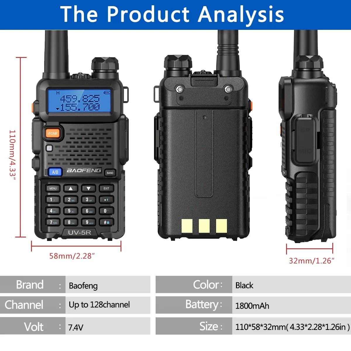 Baofeng Talkie Walperforé Bande aérienne UV-5RH 3800mAh 10w Sans fil