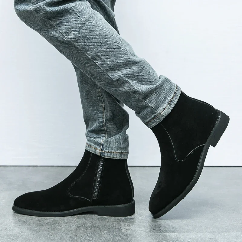 Men Fashion Chelsea Boots Reversed Fleece Leather High Top Side Zipper European and American Style Black Brown 38-46 Male Boots
