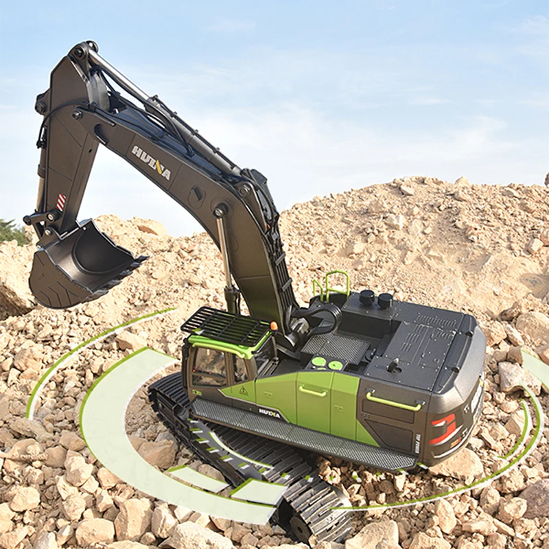 HUINA 1593 RC Excavator Rotation Alloy Green 1:14 22CH RC Remote Control Truck Toys Screw Drive Double Track Engineering Vehicle 4
