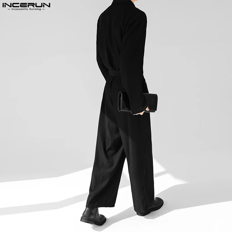 Men Jumpsuits Solid Color Lapel Long Sleeve Streetwear Korean Style Rompers Loose Casual Overalls S-5XL