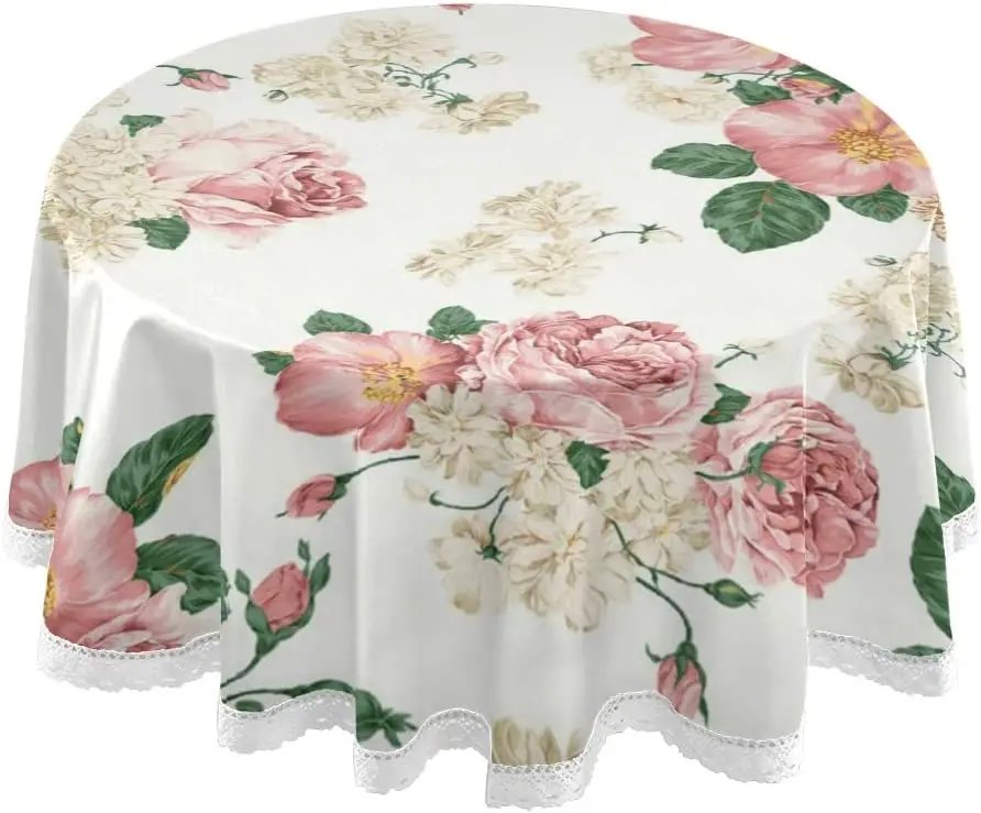 

Floral Peony Round Tablecloth Dust-Proof Table Cloth Cover Washable Polyester 60 Inch for Kitchen Dinning Holiday Party Picnic