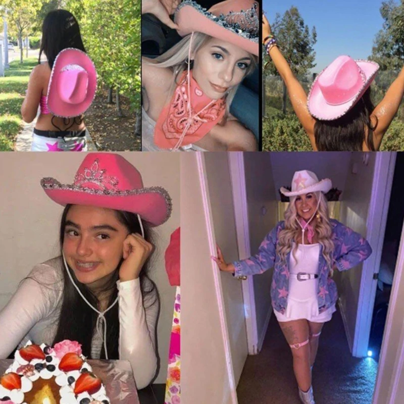 Flat Caps Brimmed Hat Western Sequin Cowgirl Hat Magician Adult Girl Cosplay Costume Kerchief Night Club Headwear