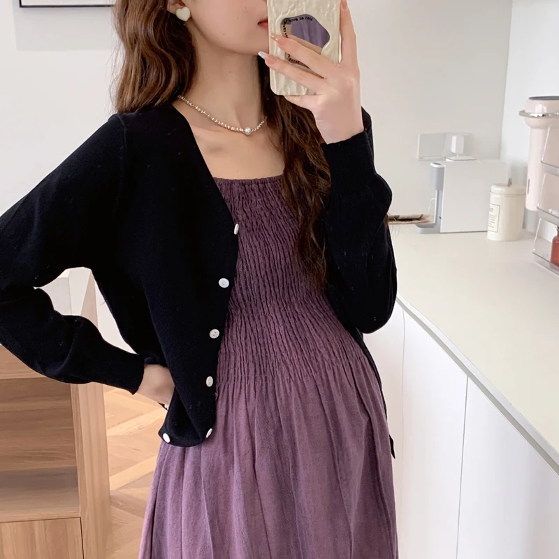 Spring Maternity Dress Suits Long Sleeve Cardigans Strap Dress Twinset Pregnant Woman Clothing Set
